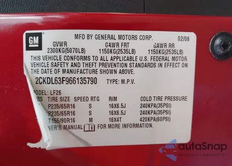 2006 Pontiac Torrent z USA, uszkodzony, nr VIN 2CKDL63F966135790